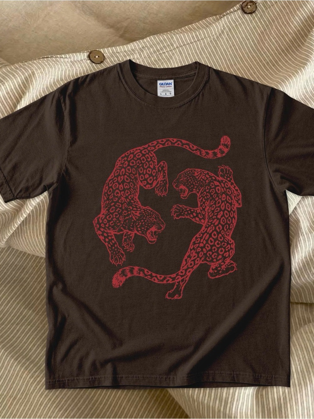 Gildan Brown Tee with Red Leopard Pair Graphic